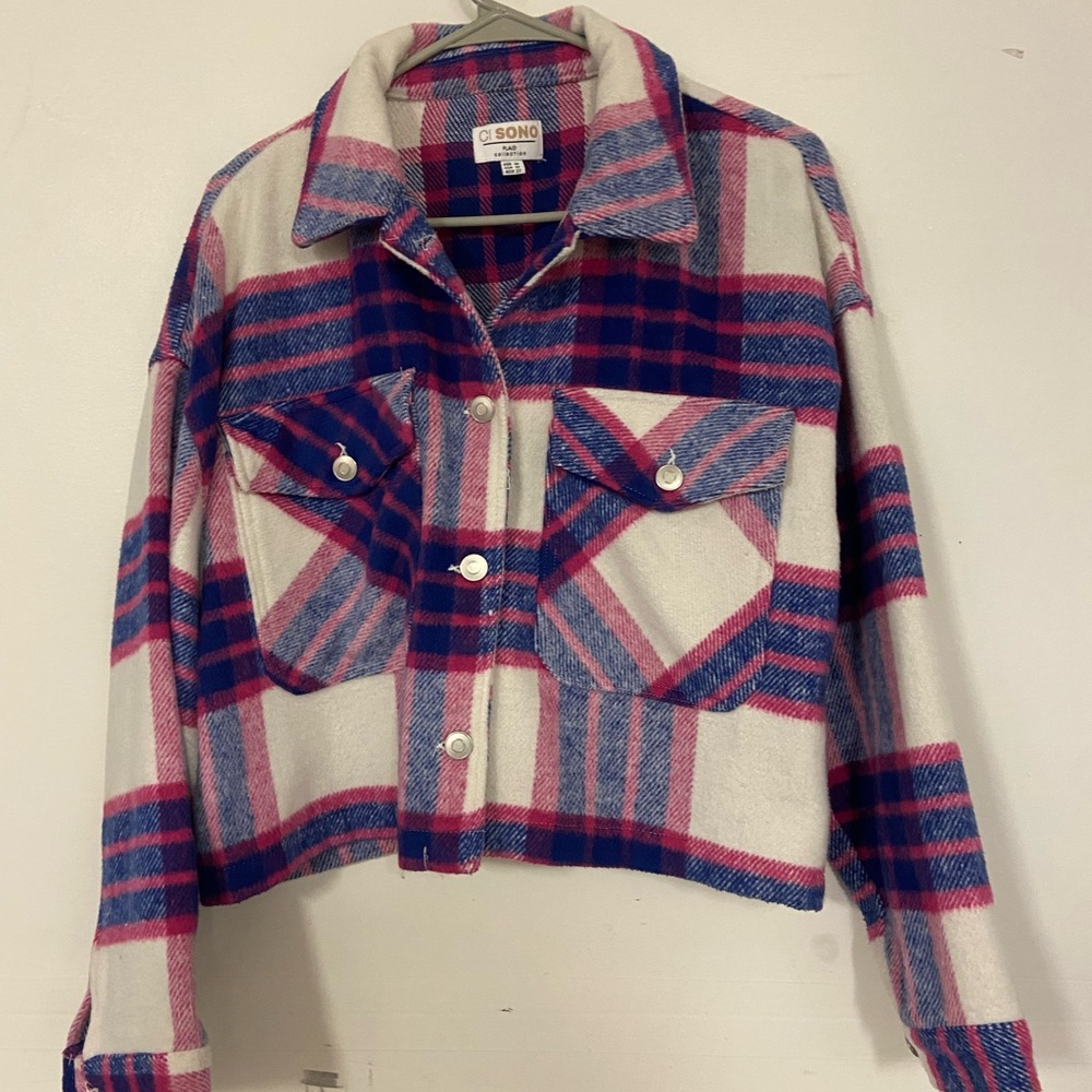 Ci Sono Women's Plaid Utility Jacket - Pink, Blue, and White